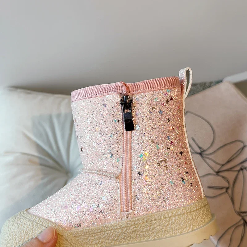 Bottes à paillettes en coton pour filles, taille 26-36, nouveau style hiver 2024, plus veet, deuxième chaussures décontractées pour enfants et bébé_voghion.com