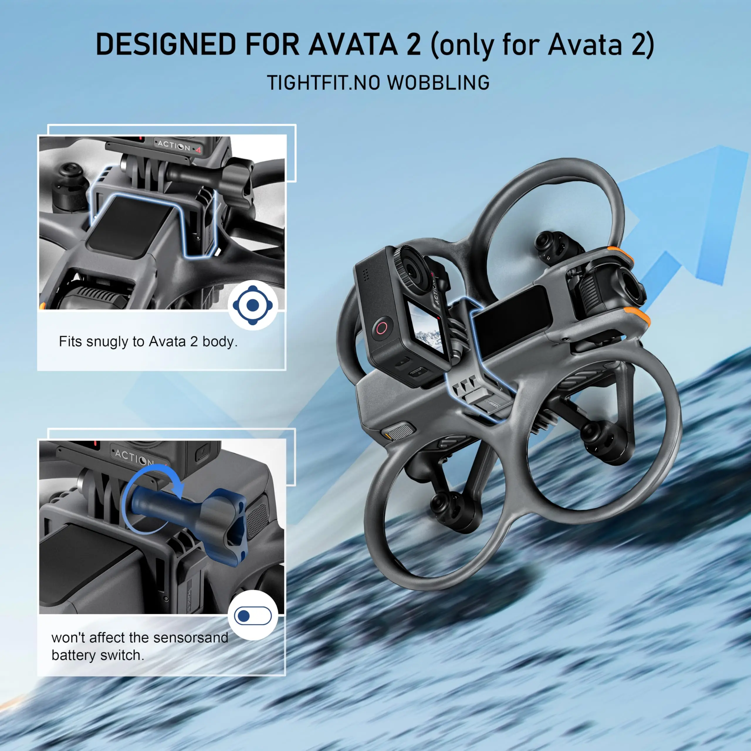 Support Lumière pour DJI Avata 2 installé sur un drone, avec câble USB-C branché, assurant une connexion stable pour l'alimentation.