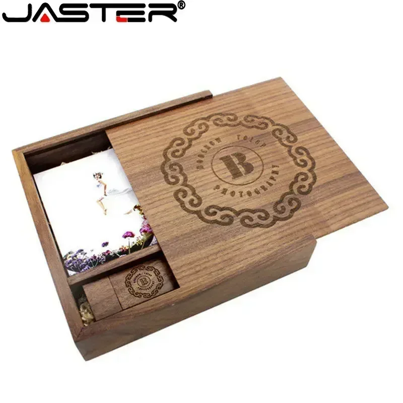 JASTER (1 PCS 무료 로고) 사진 독특한 앨범 호두 나무 USB + 상자 Pendrive USB 플래시 드라이브 8GB 16GB 32GB 64GB 128GB 사진