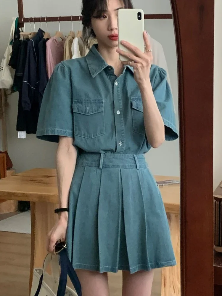 Summer Women's Skirt Set Luxury Elegant New In Matching Sets Denim Short Sleeve Top Fashion Pleated Mini Skirt Women 2 Piece Set