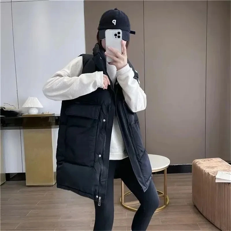 2024 New Women's Vest Jacket Down Cotton Vest Autumn Winter Thicken Loose Long Coat Female Sleeveless Coat Snow Wear Waistcoat