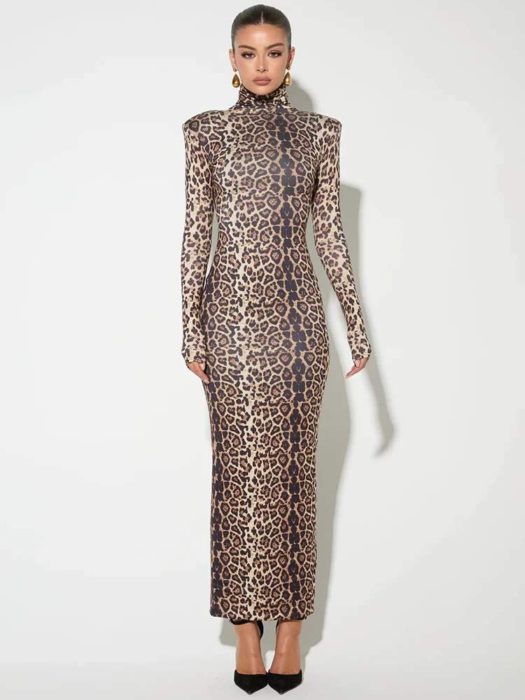 navy blue dress for baby girl Mozision Leopard Print Long Sleeve Sexy Maxi Dress For Women Autumn Winter  Fashion Elegant Turtleneck Printed Bodycon Long Dress