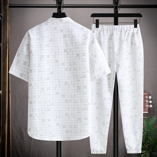 (قميص + بنطلون) 2022 الصيف النمط الصيني الرجال قميص القطن قمصان مربعة النقش الرجال عادية مرونة الخصر قمصان الرجال حجم M-5XL 2