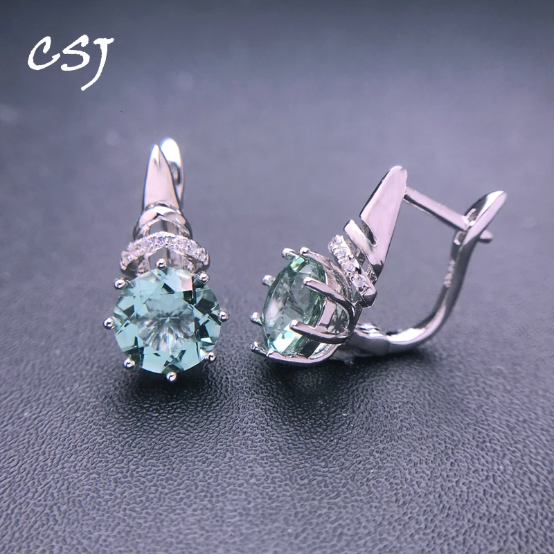 

CSJ Real Natural Green Amethyst Earring Sterling 925 Silver Round 8mm 5Ct Fine Jewelry For Women Lady Party Gift
