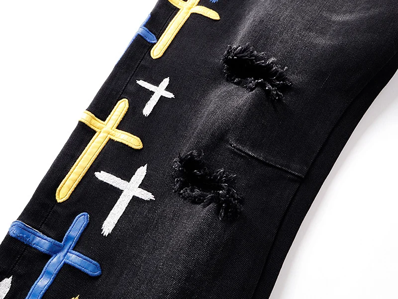 بنطلون جينز رجالي ضيق من ماركة RTA بتصميم ممزق ومزين بالرسم والجرافيتي، بنطلون طويل للشارع