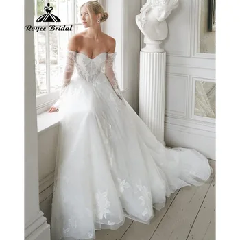 Abito da Sposa Roycebridal con Corsetto Strutturato, Applicazioni Floreali 3D, Vestito da Sposa con Maniche Lunghe in Pizzo Staccabili, Personalizzabile