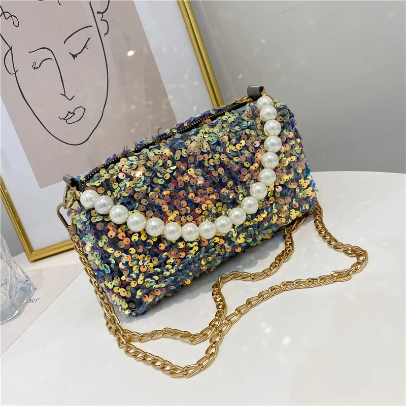 

Fashion Women Pearl Sequins Cylinder Bags Thin Chain Shoulder Messenger Handbag Totes for Ladies Women Outdoor Shopping Handbags