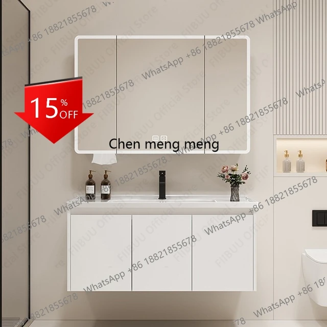 ชุดตู้ห้องน้ำพร้อมอ่างเซรามิกในตัว กระจกอัจฉริยะ ตู้ติดผนังอะลูมิเนียมพร้อมก๊อกน้ำ 1