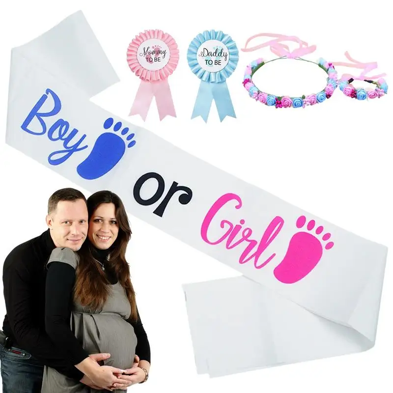 

Gender Reveal Sash 5Pcs Boy Or Girl Gender Reveal Sash Gifts Pink Blue Mom To Be Sash Dad To Be Pins Flower Headband Wristband