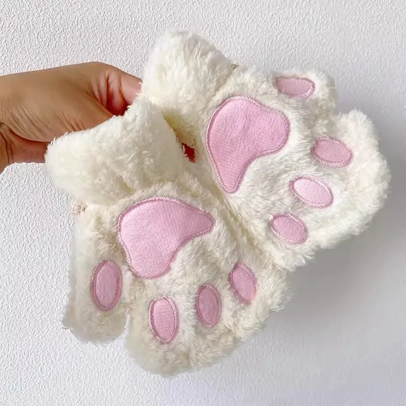 

Women Girls Cat Claw Paw Gloves Plush Mittens Warm Soft Plush Short Fingerless Fluffy Bear Cat Gloves Costume Half Finger Party