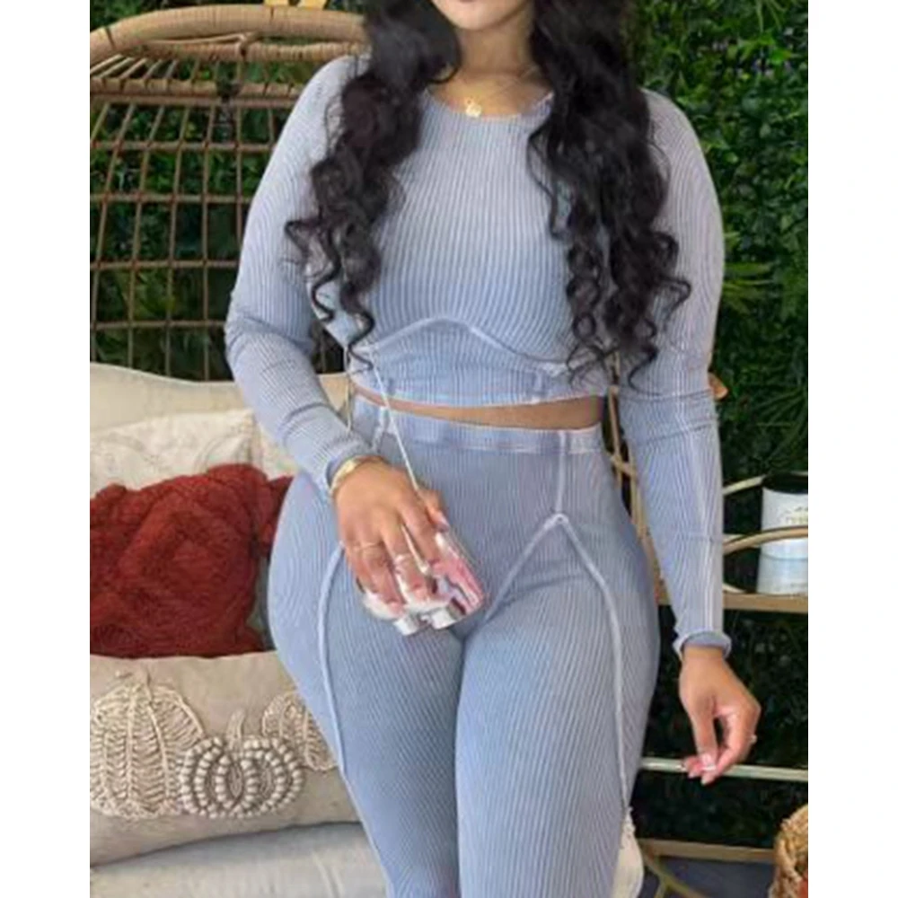 Autumn Casual Long Sleeve O-Neck Cropped Top & Pants Set Skinny Women Two Pieces Sporty Sets Ribbed 2 Pcs Tracksuit Y2k Sets