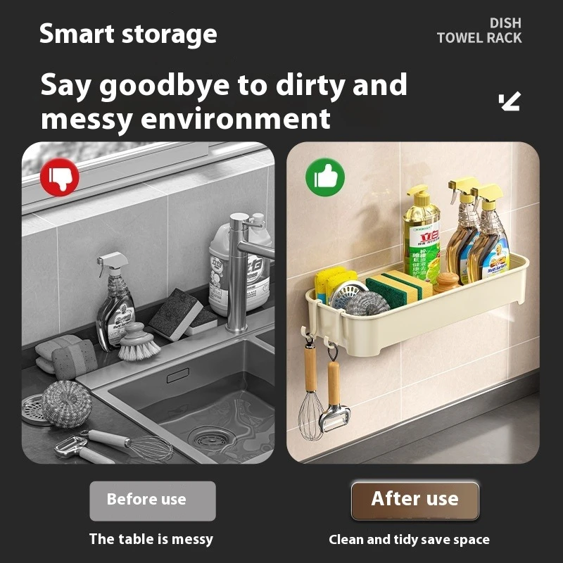 Kitchen Sink Drain Rack Organizer ABS Plastic No Drill Sink Shelf Soap Sponge Holder Dishcloth Towel Rack Filter Basket