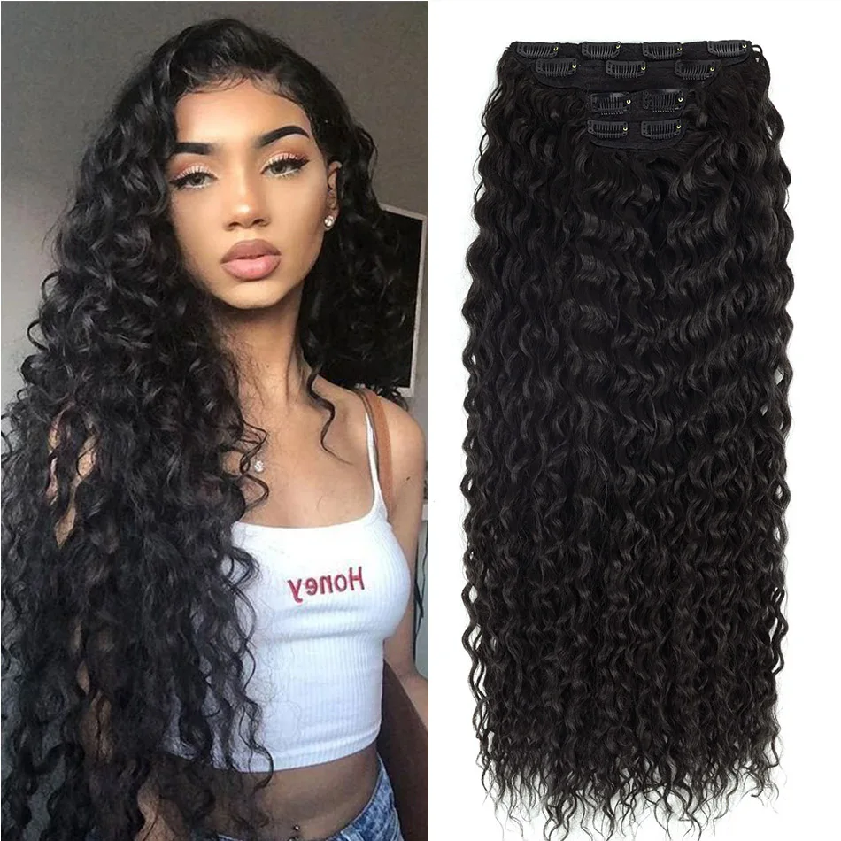 Kinky Curly Clip In Hair Synthetic Extension For Women 28Inch 140g 7Pcs/Set Long Kinky Curly Clip In Hair Extensions Ombre Brown