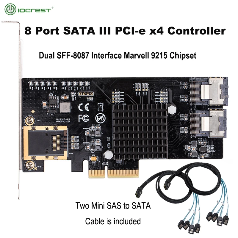 

IOCREST PCIex4 до 8 внутренних портов SATA 6g чуловый 9215 двойной чипсет SFF8087 карта контроллера с 2 мини кабелями SAS/SATA