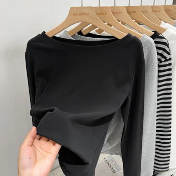 Harajuku ملابس علوية من القطن عادية المحاصيل القمم خمر مخطط سليم تي شيرت المرأة 2025 الصيف Y2k الشارع الشهير س الرقبة طويلة الأكمام تي شيرت 4