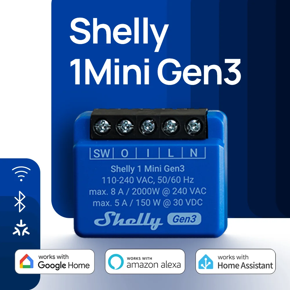 מערכת השקייה לדלת החניה של Shelly 1 Mini Gen3 WiFi Smart Switch Matter 8A עם תאורה אוטומטית, מכשיר חשמלי קטן לבית
