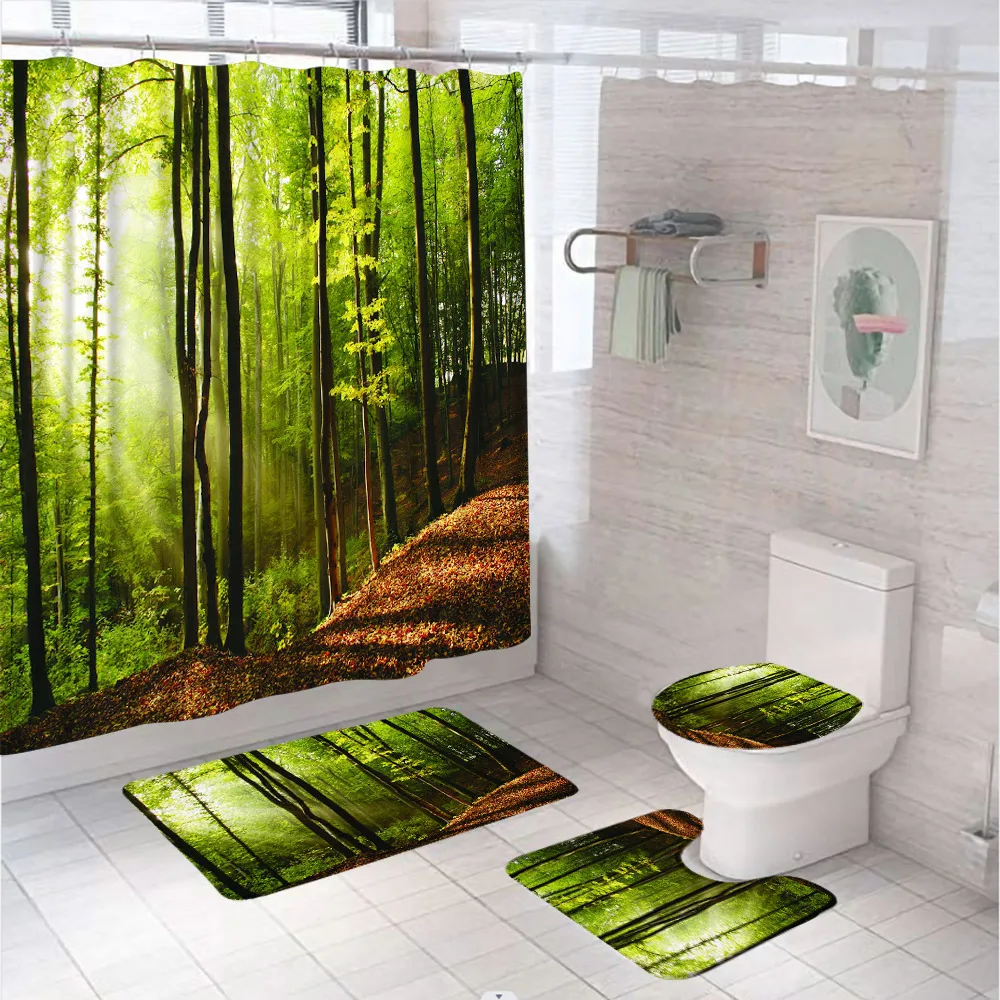 

Waterproof Sunny Forest Scenery Shower Curtain Set Bathroom Decor Curtains Screen Toilet Seat Cover Non-Slip Bath Mat Rug Carpet