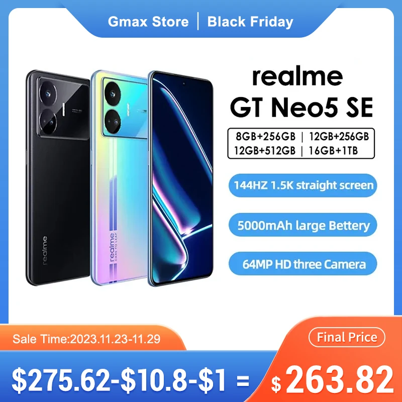  Realme GT Neo 5 SE 5G Smartphone 6.74” 1.5K AMOLED Snapdragon 7 Gen2 Plus 5500mAh 100W 64MP NFC Android Cellphone 