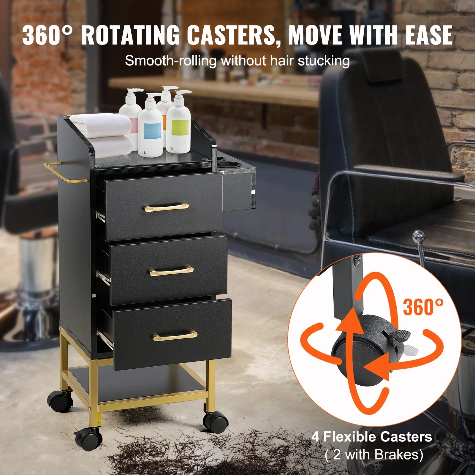 VEVOR Beauty Salon Storage Trolley Cart, Glass Top Hair Salon Station Cabinet for Stylist with Drawer & Dryer Holder 6