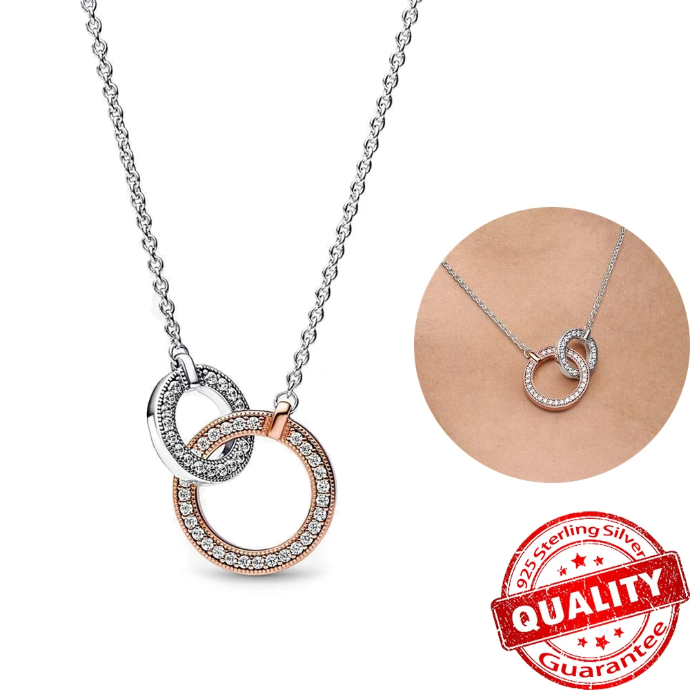 

Trendy 925 Sterling Silver Signature Two Tone Double Circles Necklace 14K Neck Chain for Women Party Fine Jewelry Gift