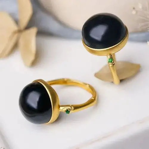 Silver Rings Silver Ring Jade Ring Natural Hetian black jade round bead opening adjustable ring Chinese retro elegant bamboo charm