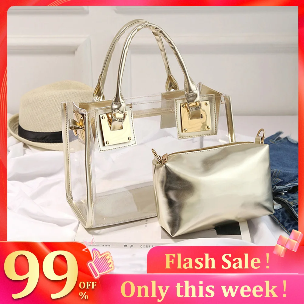 Dcenta Fashion Women Transparent PVC Shoulder Bags Jelly Candy Color Large Capacity Handbag Tote Brown, Women's