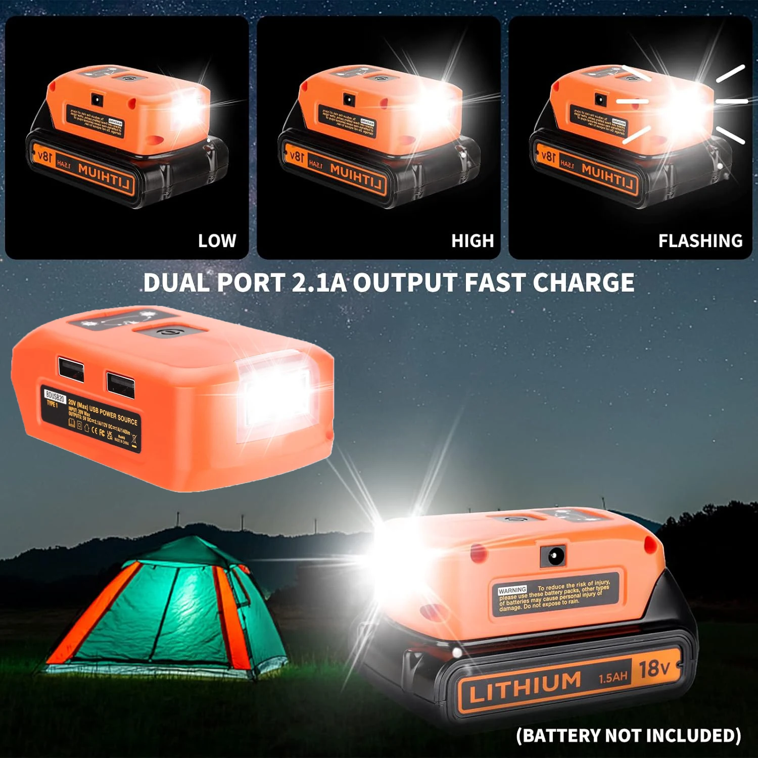 Battery Adapter for Black and Decker 20v Lithium Battery USB Phone Charger Led W