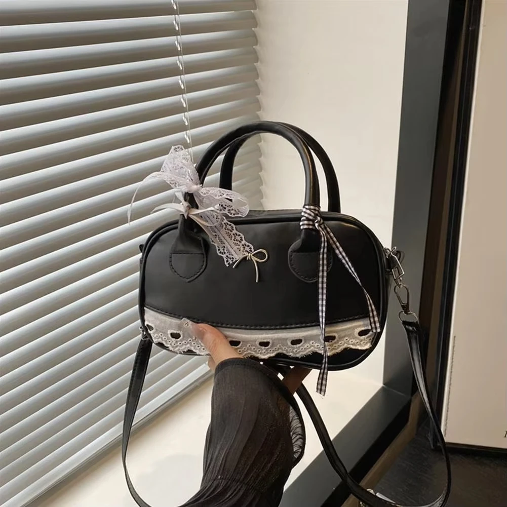 Zipper PU Leather Simple Handbag Lace Ribbon Bow Women Crossbody Bowling Bag Fashionable Travel Casual Commuting Bag 2026