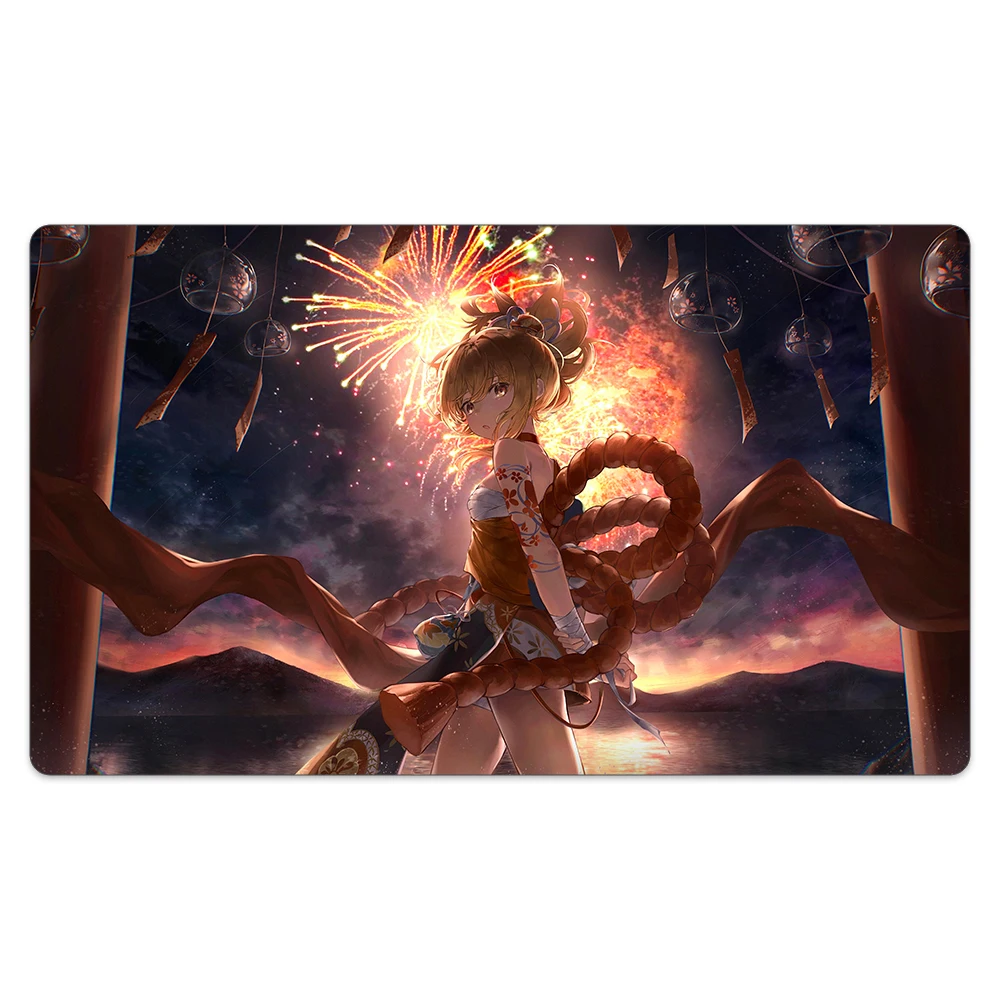 

Night Sky Fireworks Girl Playmat Compatible for Trading Card Game Surface Cloth Natural Rubber Mouse Mat+Drawstring Portable Bag