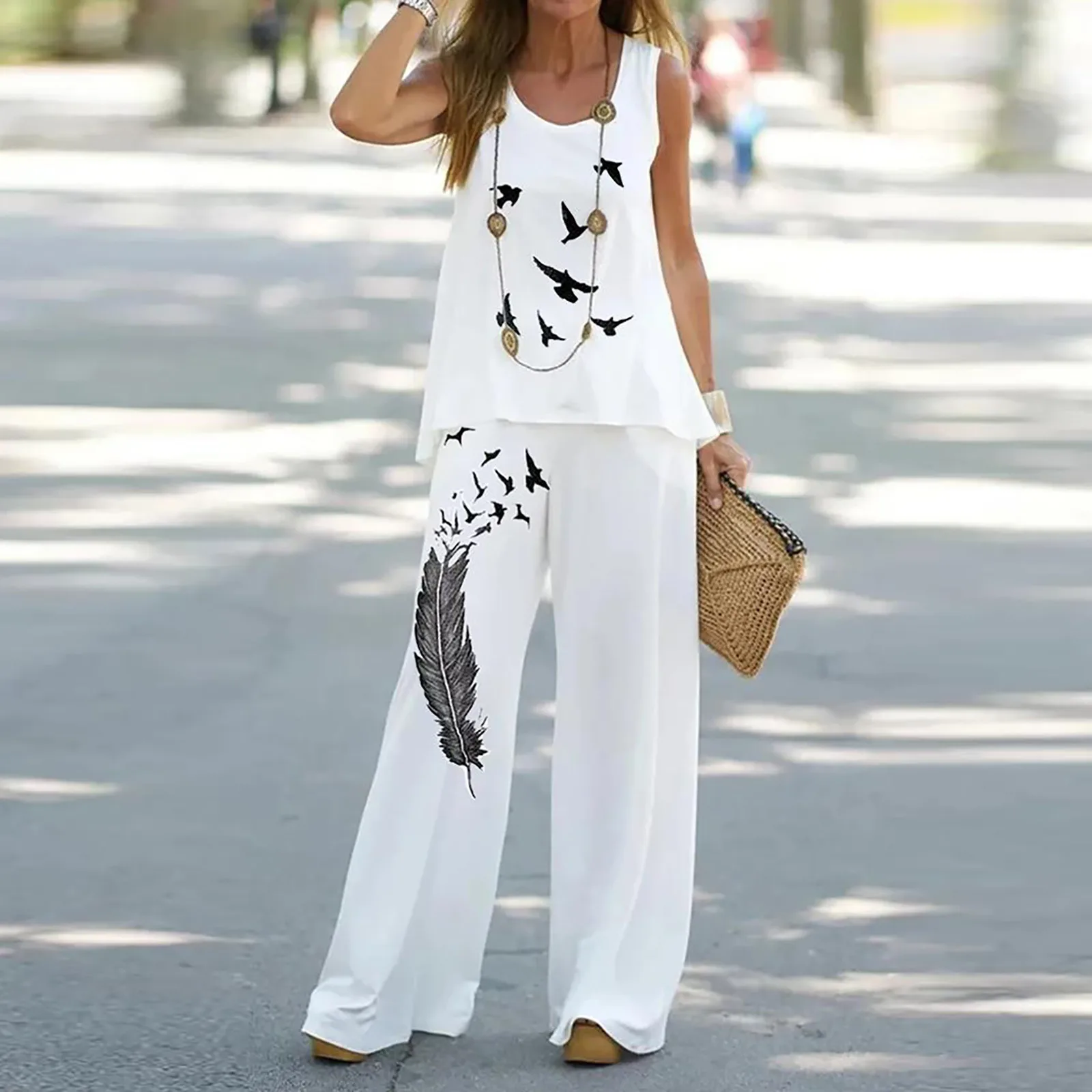 

Женский комплект из 2 предметов с цветочным принтом, летний уличный комплект из топа без рукавов и широких брюк, Повседневная Свободная одежда в стиле бохо