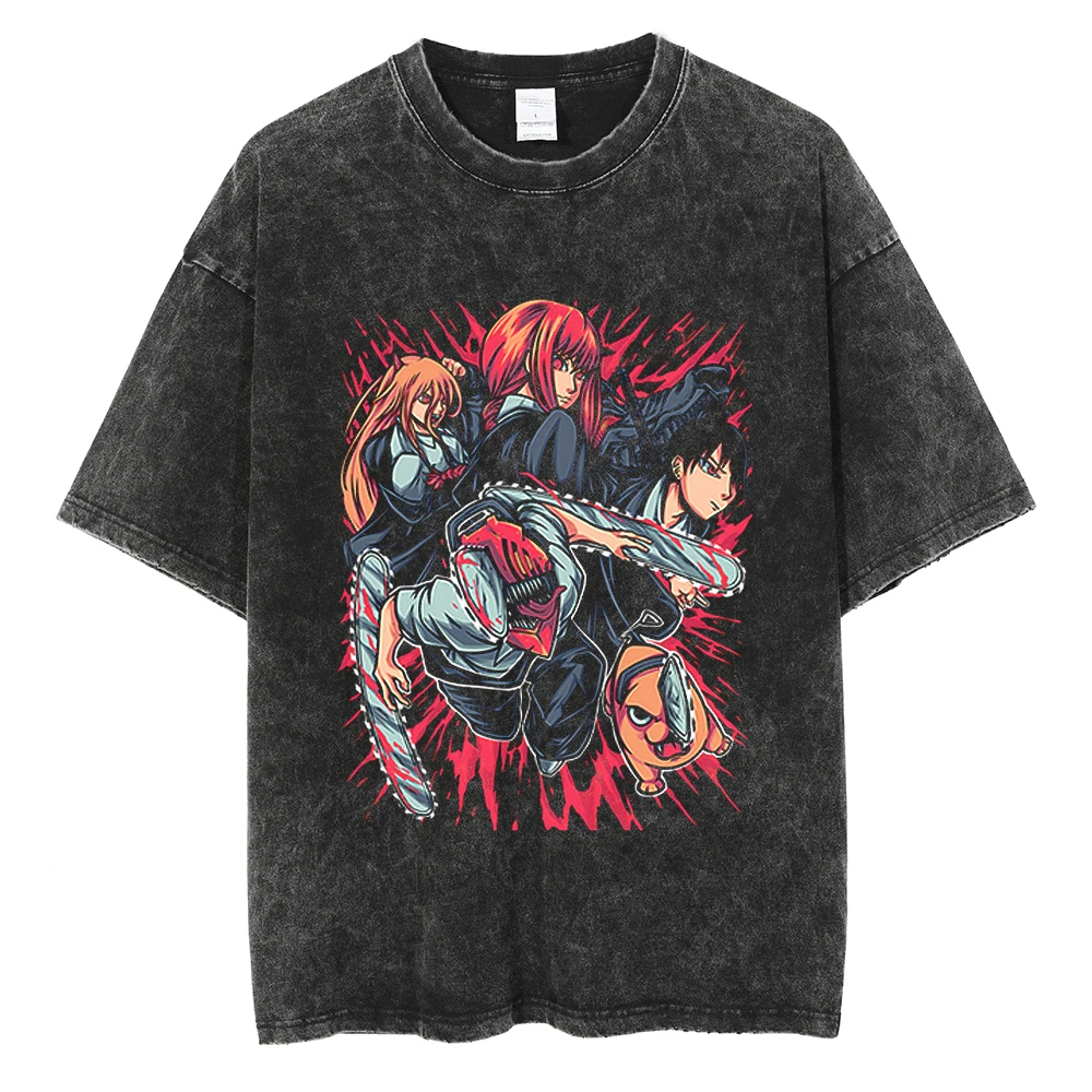 

Harajuku Streetwear Black Vintage T-Shirt Cartoon Chainsaw Man Graphic Summer Cotton Casual Tshirt Men Hip Hop Short Sleeve Tops