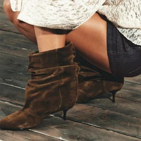 Liyke Designer Pleated Sued Ankle Boots For Women Winter Street Vintage Pointed Toe Thin Low Heels Runway Shoes Brown Booties 2