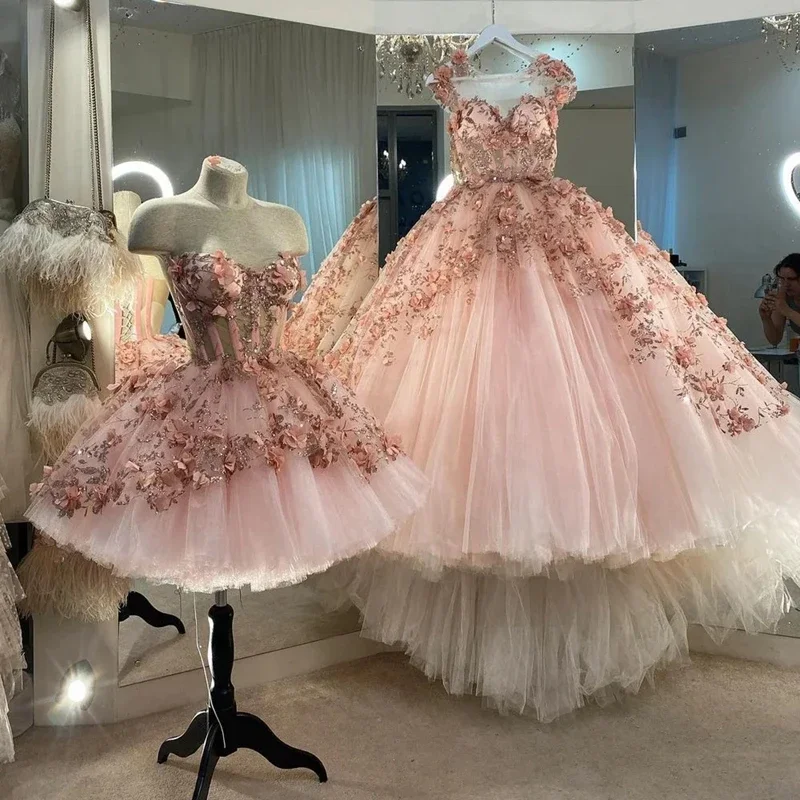 

Ярко-Розовое Бальное платье принцессы, короткие платья для Quinceanera, кружевные вечерние платья из тюля с бисером и глубоким круглым декольте для вечеринки, дня рождения, конкурса, торжественных нарядов