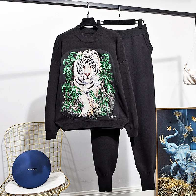 

TEELYNN Sequins Tiger Long Sleeve Autumn Sweaters 2022 Two Piece Sets Loose Sport Suits Casual High Waist Knitted Pants Set