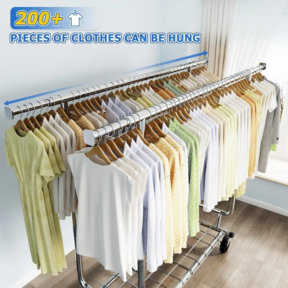 Clothes Rack Heavy Duty Clothing Racks for Hanging Clothes Load 620LBS, Rolling Clothing Rack with Wheels, Adjustable 6