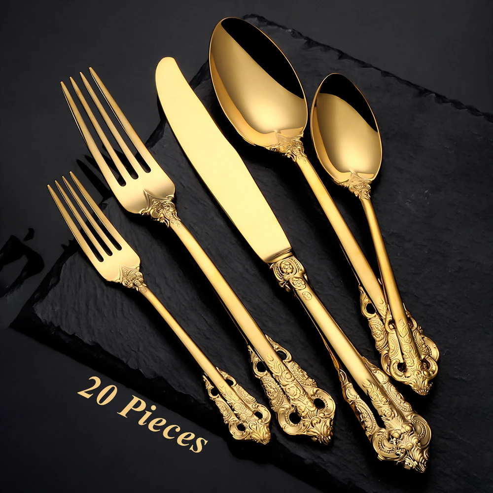 20 Piece Service For 4 Baroque Royal Luxury Gold Black Cutlery Set Stainless Steel 18/10 Flatware Vintage Wedding Silverware Set