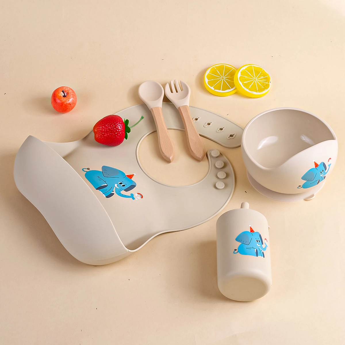 TYRY.HU 5pcs Baby Silicone Meal Bowl Bib Fork Spoon Set Baby Feeding Tray Bowl Set Bisphenol A Free Gift for Baby Feeding set 2
