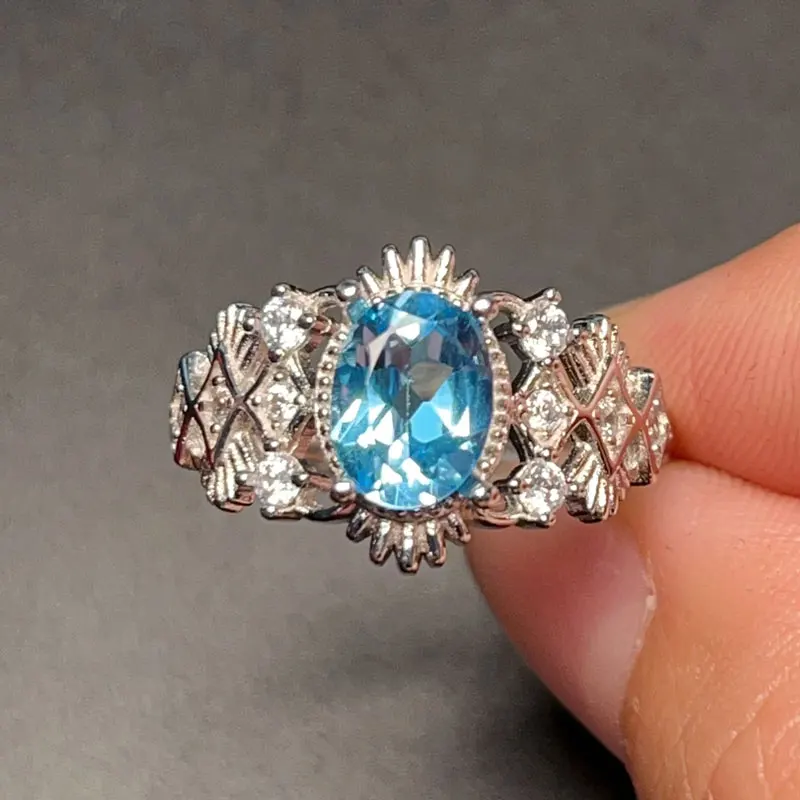 

Vintage 925 Silver Light Blue Topaz Ring 6mm*8mm VVS Grade 1ct Natural Topaz Jewelry 3 Layers 18K Gold Plating Gemstone Ring