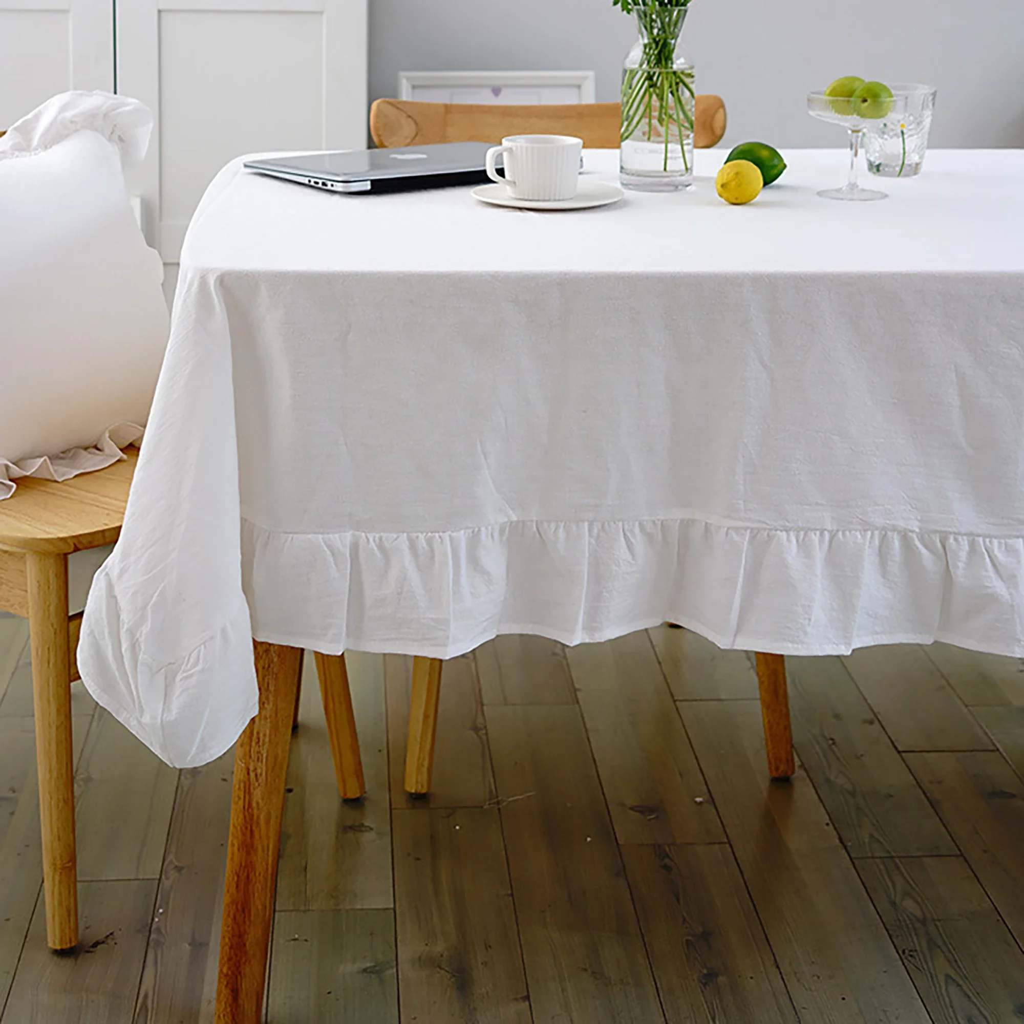 

White Fabric Tablecloth Rectangular Flounce Stitching Pure Cotton For Dining Tables Fabric Party Supplies Wedding Table Decorate