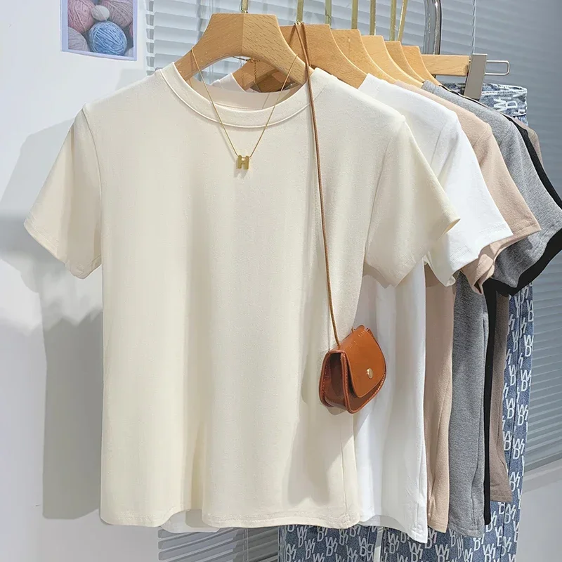 2026 New Women's 100% Cotton T-shirt Bottoming Basic Solid Lady Short Sleeve Tops Shirts Summer T Shirt 3