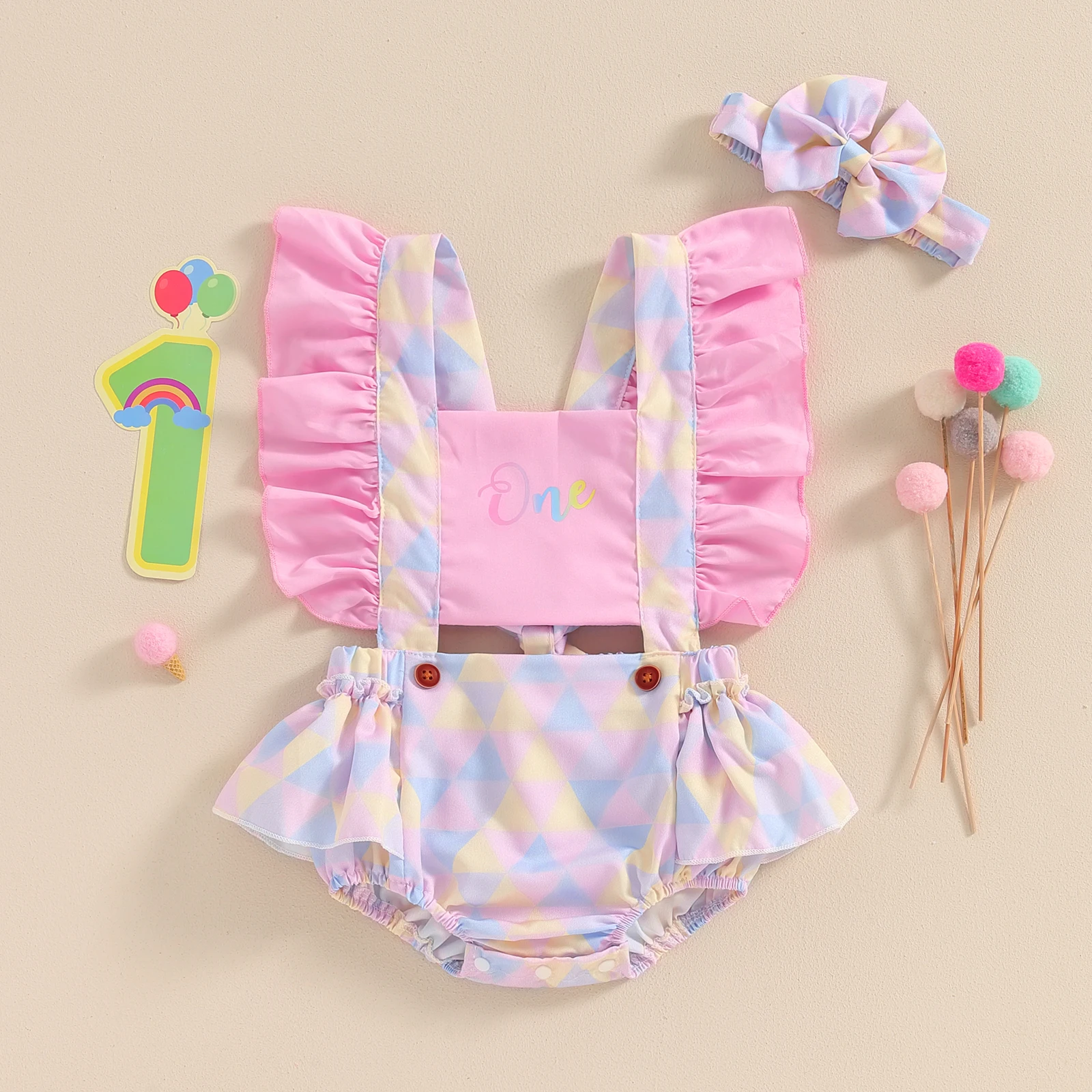 

Tregren Infant Baby Girl 1st Romper Letter Dot Print Square Neck Fly Sleeve Rainbow Bodysuit + Headband Summer 2pcs Clothes Sets