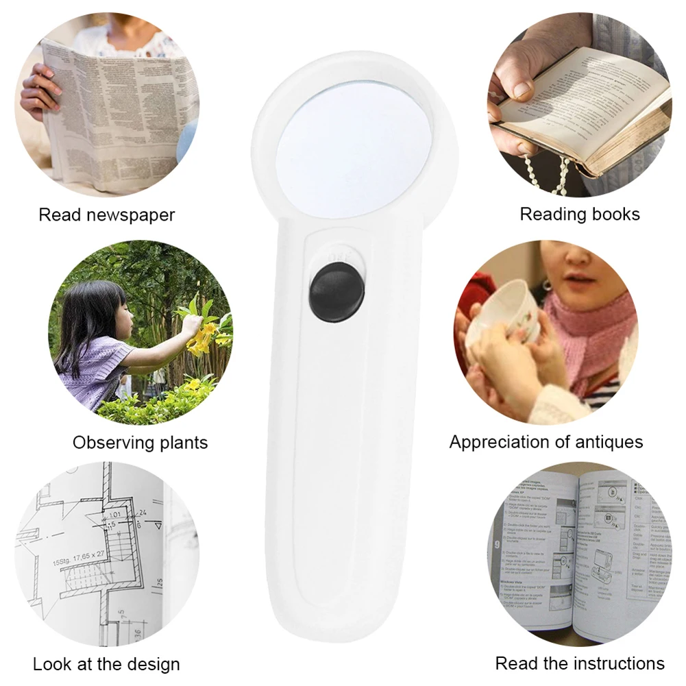 Handheld 15X Magnifier with 2 LED Light Portable Magnifying Glasses Senior Aid Reading Loupe Optical Instrument