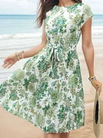 Summer Women Round Neck Pleated Medium Long Plus Size Dress - Image 6