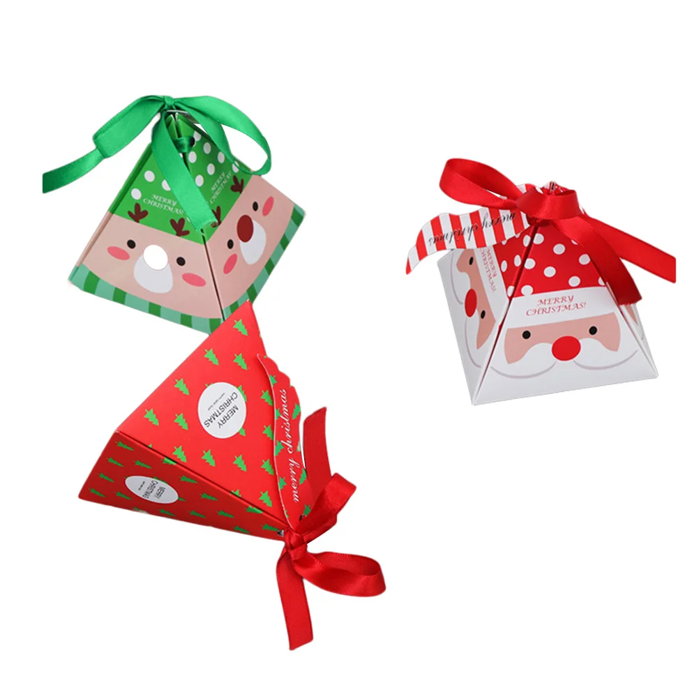 

Merry Christmas Triangle Gift Box Santa Claus Elk Paper Boxes Xmas Candy Container with Ribbon for Home Shop Party Wedding