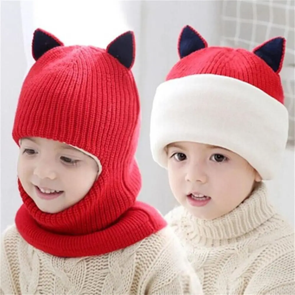 

Fashion Baby Boys Girls Hat Scarf Set Cute Soft Baby Ring Beanies Winter Knitted Pompom Hats Warm Fleece Lining Earflap Caps