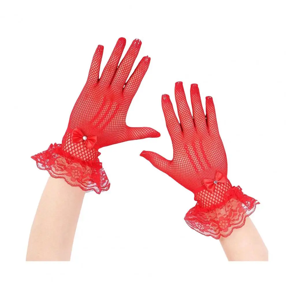 Lace Bow Decoration Gloves Elegant Lace Bow Wedding Gloves with Faux Pearl Decor Ruffle Edge Women's Prom for Bride for Special