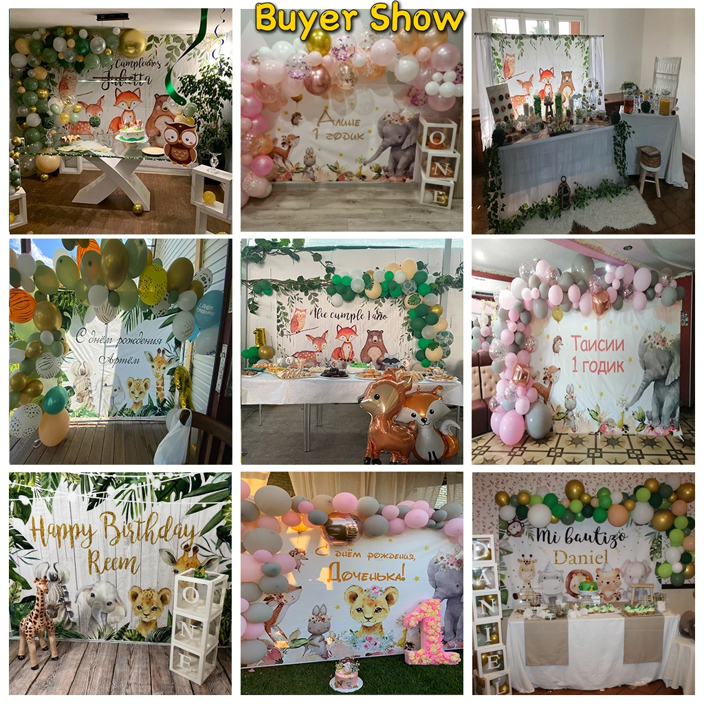 Animals Baby Shower Background Green Leaves Fox Bear Newborn Kid Birthday Photo Backdrop For Photography Party Decoration Studio