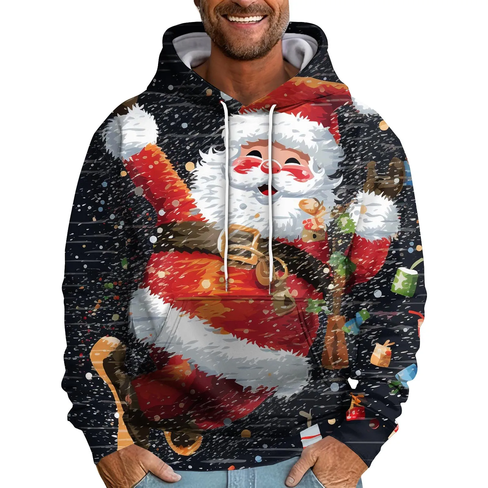 

New Men Christmas Sweatshirt Santa Claus Graphic Clothing Oversized Long Sleeve Top Fashionable Men Thicken Hooded Pullovers