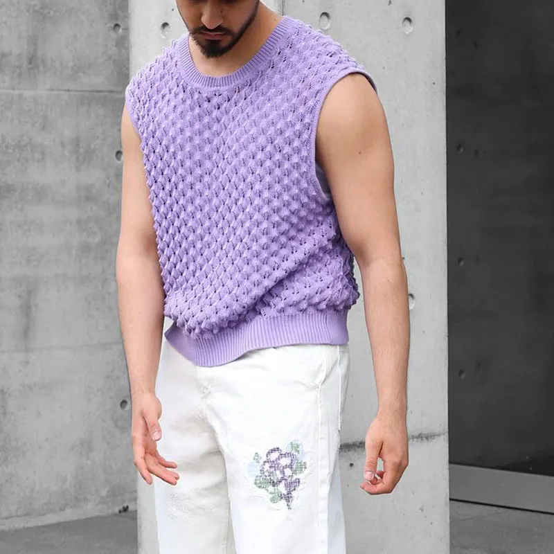 

Men's Purple Mesh Vest T-shirt Casual Beach Vacation Sleeveless Vest Muscle Men Super Cool Clothing Sexy Knit Mesh Vest T-shirt