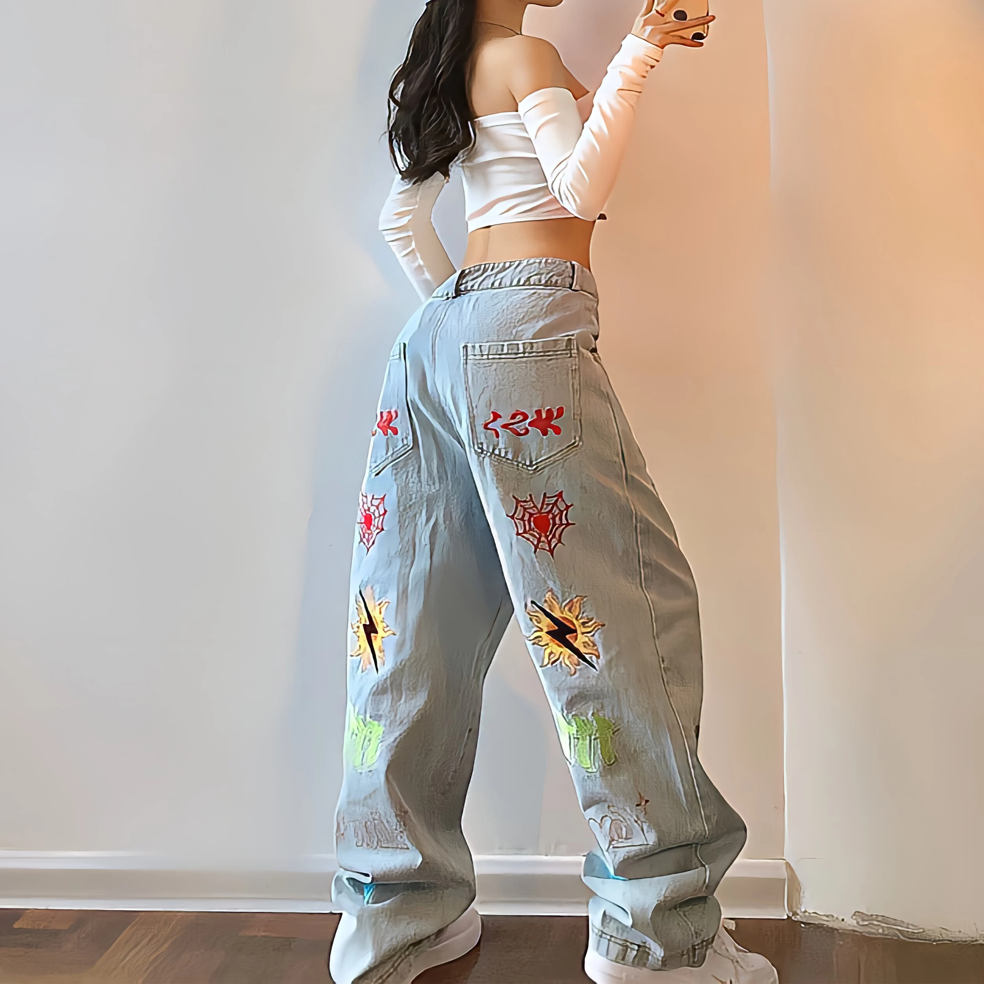 American Style Hippie Streetwear Oversize Straight Leg Jeans Woman Graffiti Drawing Feminine Denim Trousers Baggy Wide Leg Pants deeptown vintage graffiti jeans women harajuku y2k streetwear oversized wide leg denim pants korean fashion grunge trousers new